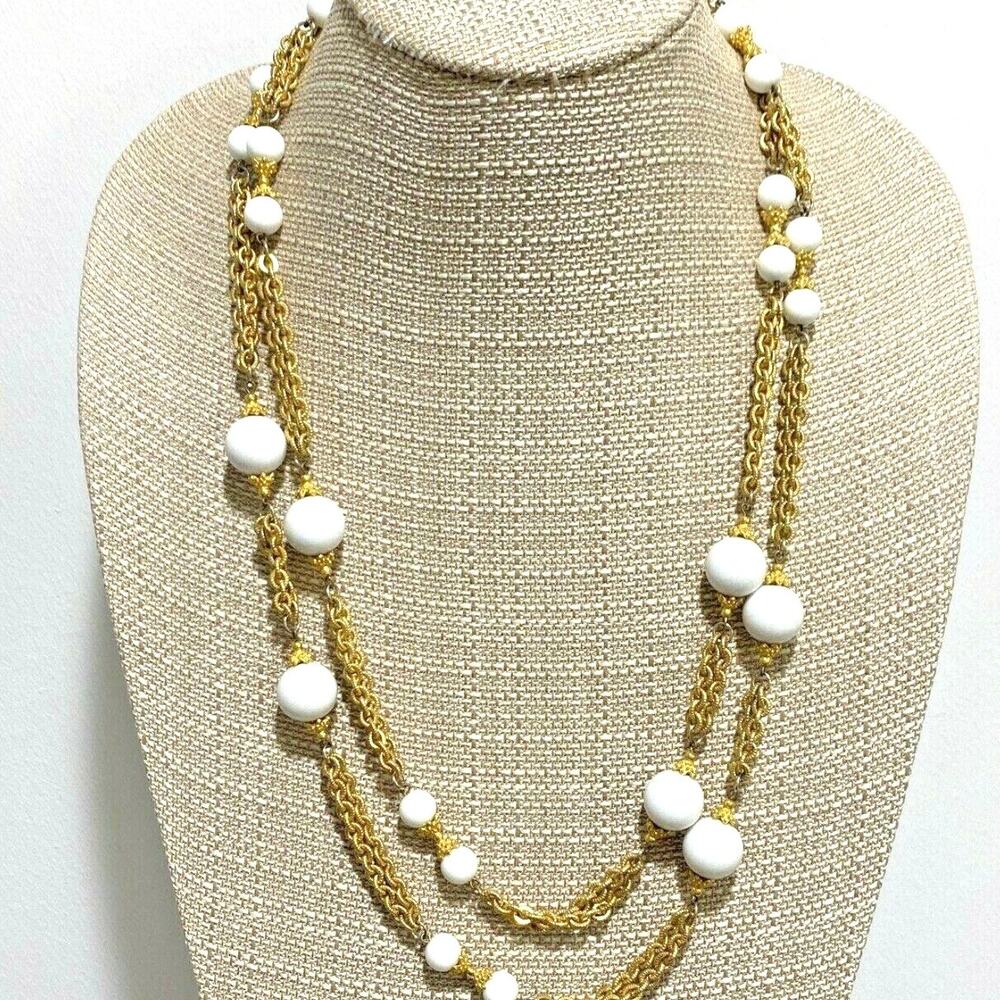 Vintage gold tone chain necklace with white beads